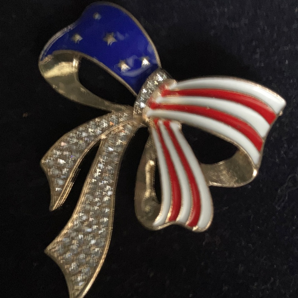 Patriotic Bow Brooch with Gold and Red Accents